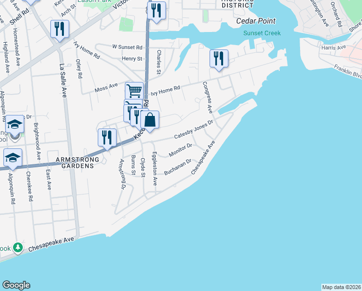 map of restaurants, bars, coffee shops, grocery stores, and more near 4015 Monitor Drive in Hampton