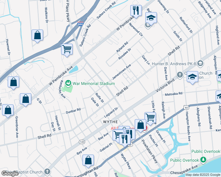 map of restaurants, bars, coffee shops, grocery stores, and more near 628 Powhatan Parkway in Hampton