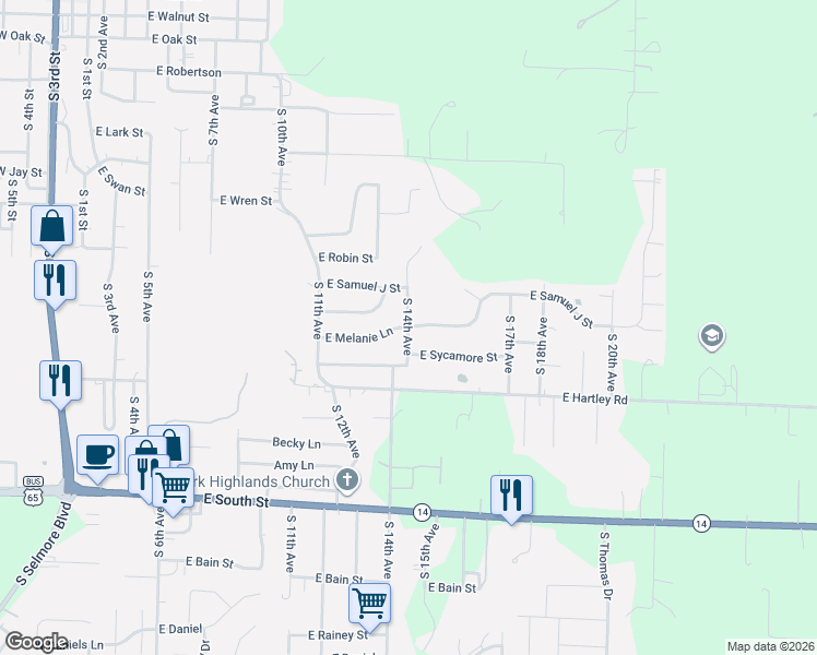 map of restaurants, bars, coffee shops, grocery stores, and more near 1401 East Melanie Lane in Ozark