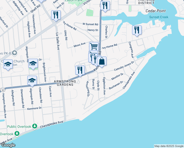 map of restaurants, bars, coffee shops, grocery stores, and more near 3806 Kecoughtan Road in Hampton