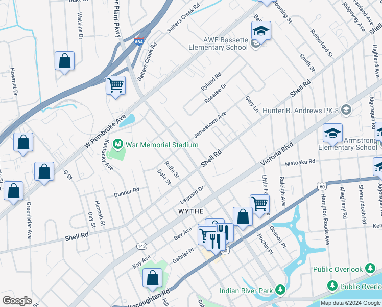 map of restaurants, bars, coffee shops, grocery stores, and more near 628 Powhatan Parkway in Hampton