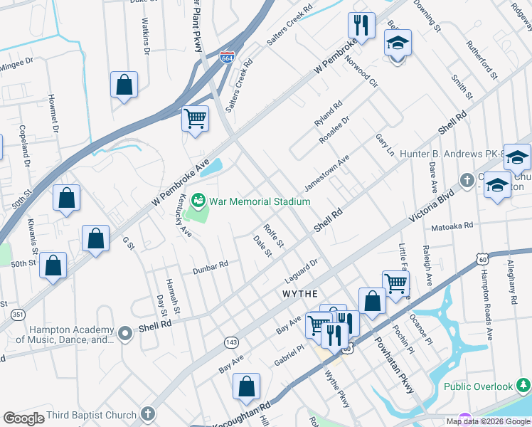 map of restaurants, bars, coffee shops, grocery stores, and more near 703 Pocahontas Place in Hampton