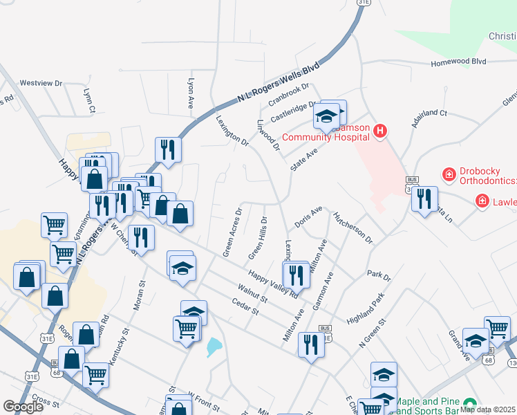 map of restaurants, bars, coffee shops, grocery stores, and more near 201 Green Acres Drive in Glasgow