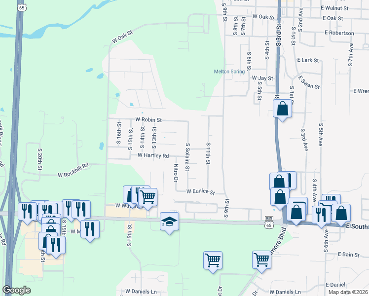 map of restaurants, bars, coffee shops, grocery stores, and more near 1219 South Solaira Street in Ozark