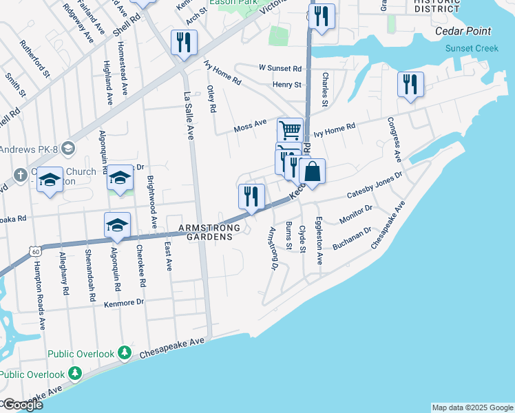 map of restaurants, bars, coffee shops, grocery stores, and more near 3785 U.S. 60 in Hampton