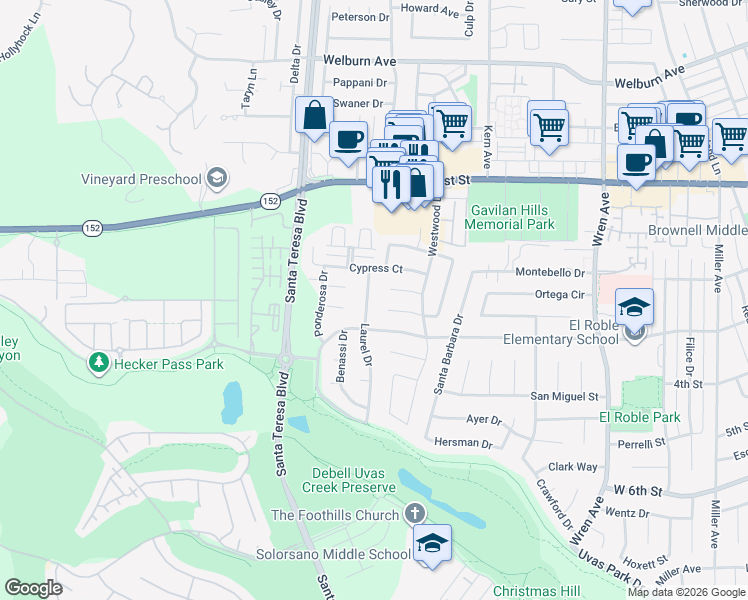 map of restaurants, bars, coffee shops, grocery stores, and more near 7770 Laurel Drive in Gilroy
