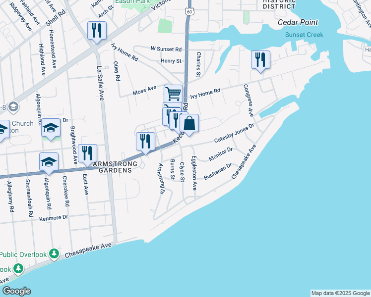 map of restaurants, bars, coffee shops, grocery stores, and more near 148 Clyde St in Hampton