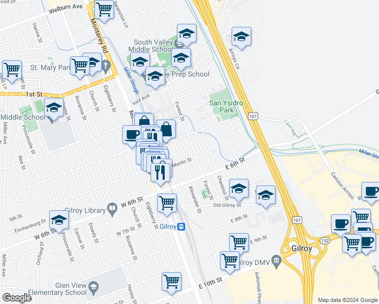map of restaurants, bars, coffee shops, grocery stores, and more near 7531 Forest Street in Gilroy