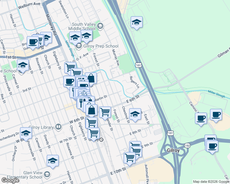 map of restaurants, bars, coffee shops, grocery stores, and more near 7505 Chestnut Street in Gilroy