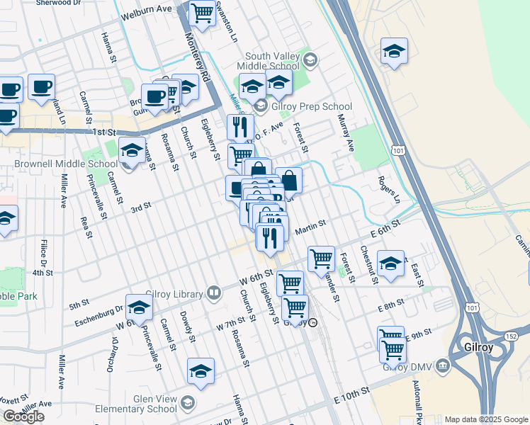 map of restaurants, bars, coffee shops, grocery stores, and more near 7585 Railroad Street in Gilroy
