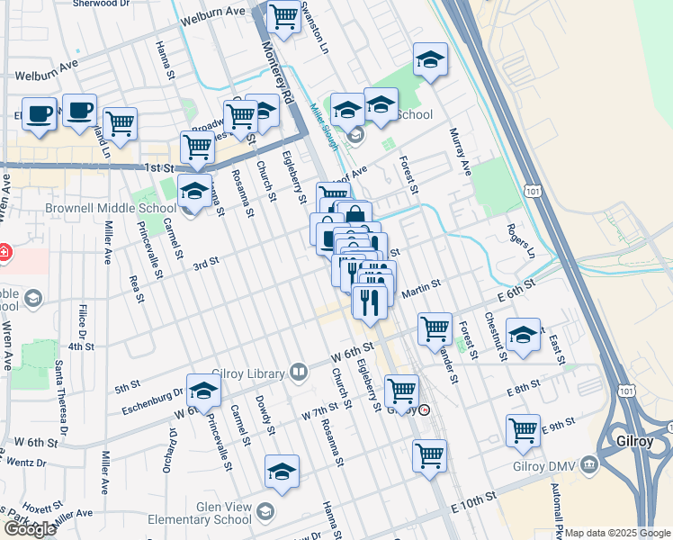 map of restaurants, bars, coffee shops, grocery stores, and more near 7574 Gourmet Alley in Gilroy