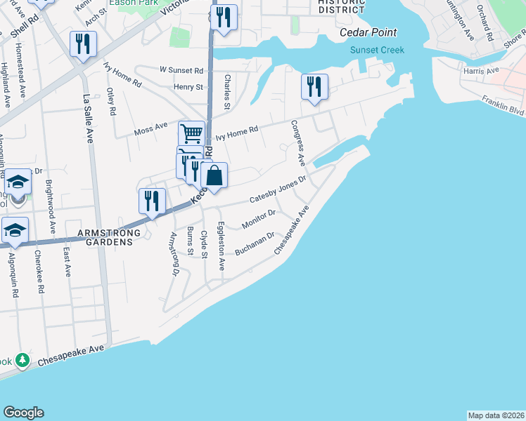 map of restaurants, bars, coffee shops, grocery stores, and more near 4015 Monitor Drive in Hampton