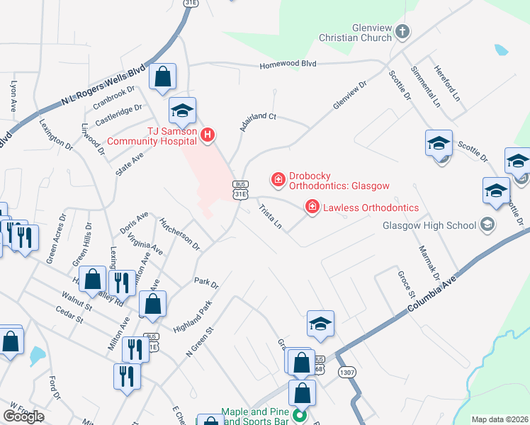 map of restaurants, bars, coffee shops, grocery stores, and more near 132-182 Trista Lane in Glasgow