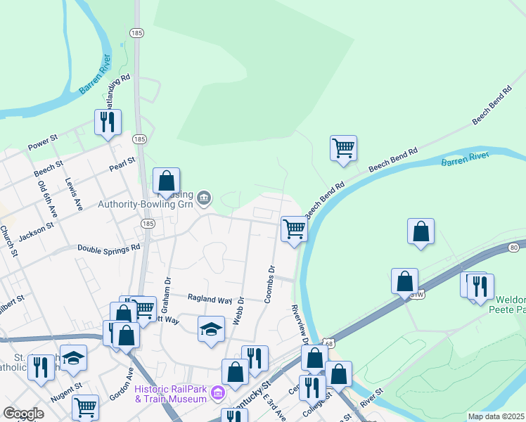 map of restaurants, bars, coffee shops, grocery stores, and more near 218 Double Springs Road in Bowling Green