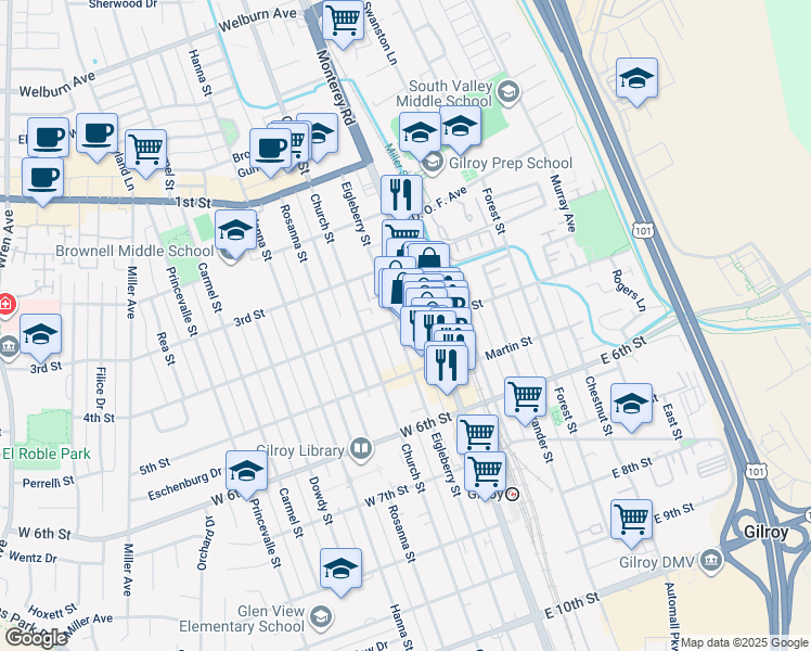 map of restaurants, bars, coffee shops, grocery stores, and more near in Gilroy