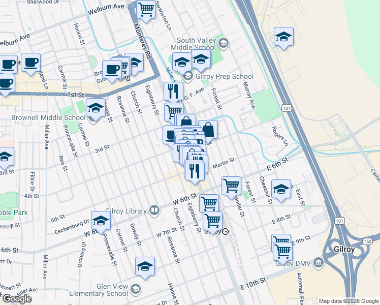 map of restaurants, bars, coffee shops, grocery stores, and more near 7598 Monterey Road in Gilroy