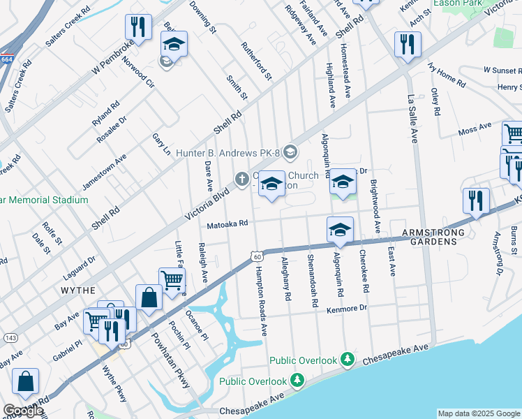 map of restaurants, bars, coffee shops, grocery stores, and more near 314 Hampton Roads Ave in Hampton