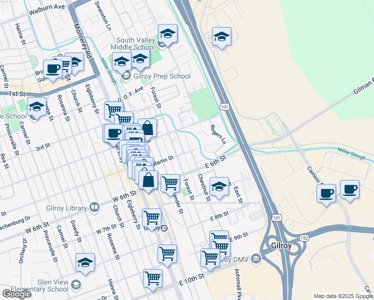 map of restaurants, bars, coffee shops, grocery stores, and more near 7505 Chestnut Street in Gilroy