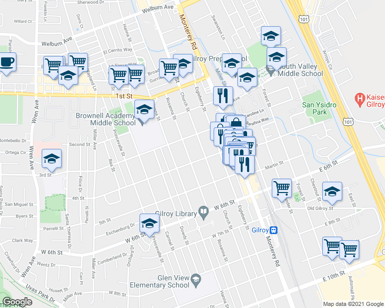 map of restaurants, bars, coffee shops, grocery stores, and more near 7630 Rosanna Street in Gilroy