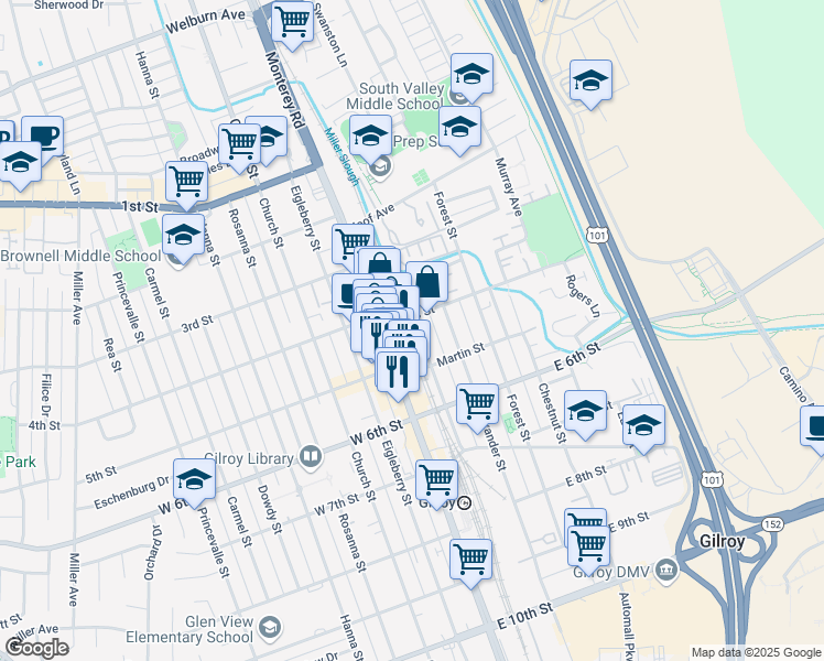 map of restaurants, bars, coffee shops, grocery stores, and more near 7585 Railroad Street in Gilroy
