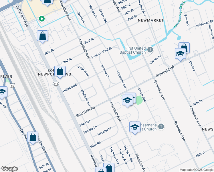 map of restaurants, bars, coffee shops, grocery stores, and more near 703 James Drive in Newport News