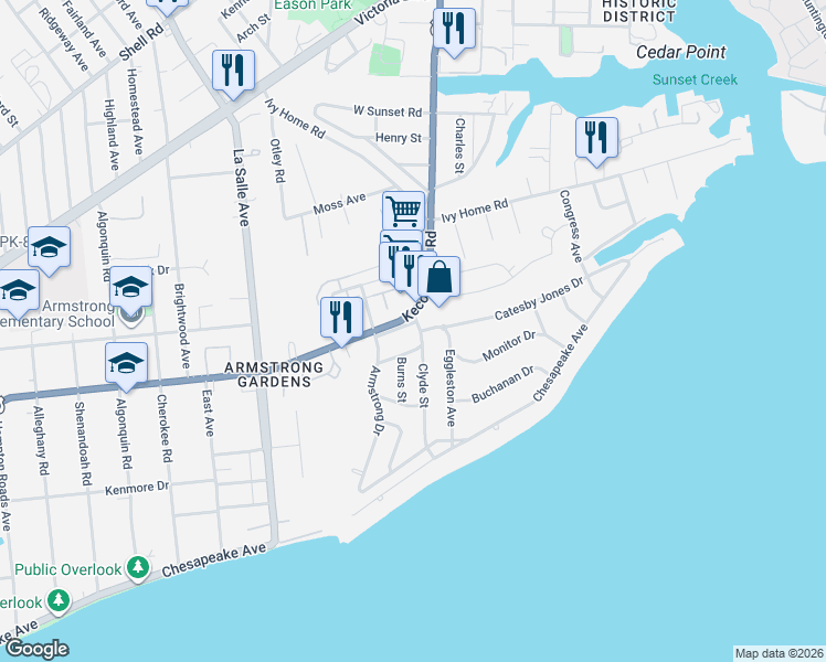 map of restaurants, bars, coffee shops, grocery stores, and more near 148 Clyde Street in Hampton