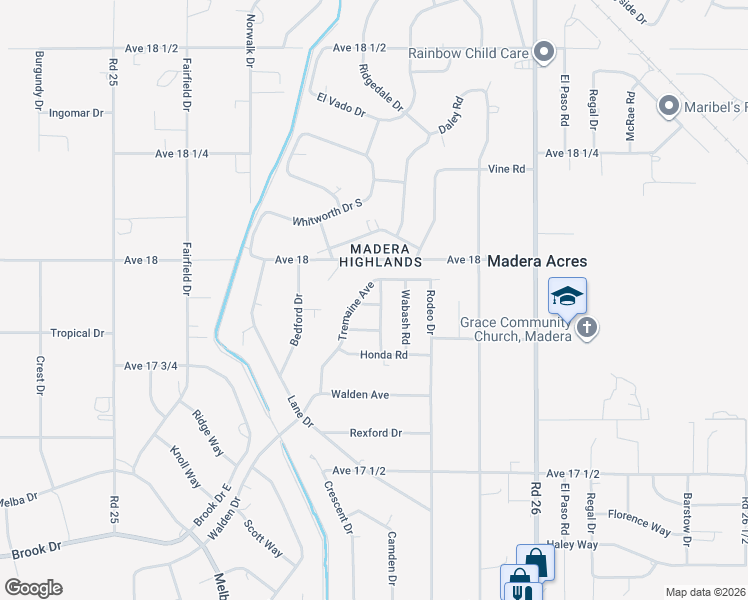 map of restaurants, bars, coffee shops, grocery stores, and more near 25609 Eric Way in Madera