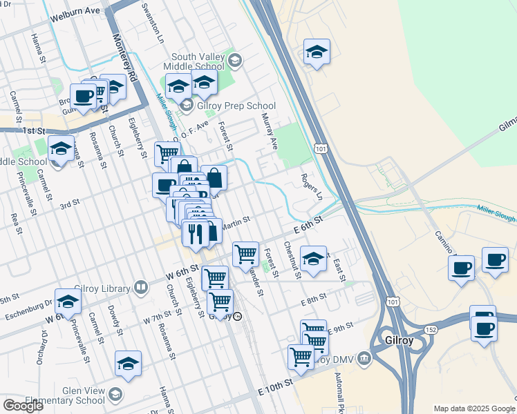 map of restaurants, bars, coffee shops, grocery stores, and more near 7531 Forest Street in Gilroy