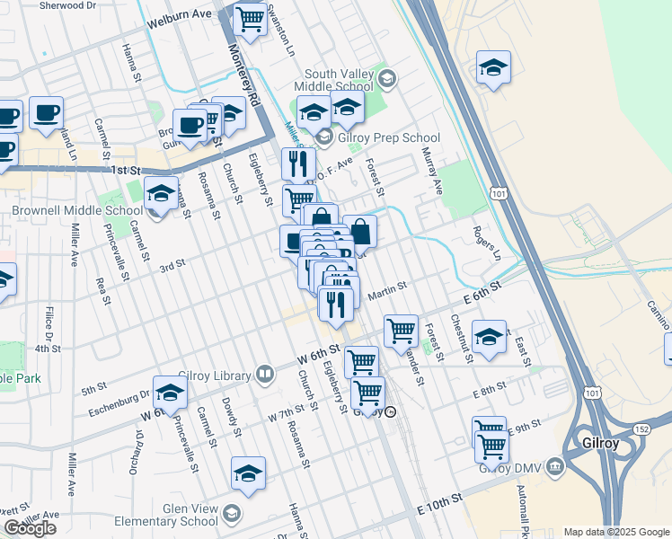 map of restaurants, bars, coffee shops, grocery stores, and more near 7585 Railroad Street in Gilroy