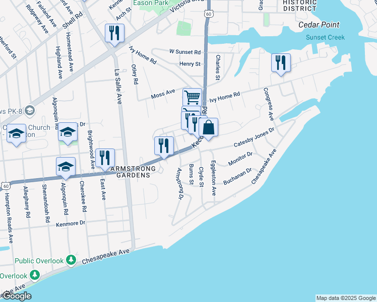 map of restaurants, bars, coffee shops, grocery stores, and more near 3806 Kecoughtan Road in Hampton