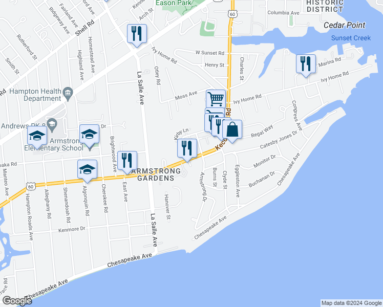 map of restaurants, bars, coffee shops, grocery stores, and more near 3785 U.S. 60 in Hampton
