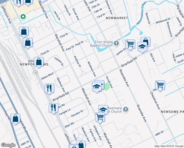 map of restaurants, bars, coffee shops, grocery stores, and more near 5907 Wickham Avenue in Newport News