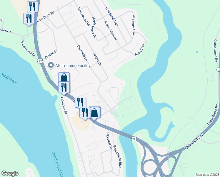 map of restaurants, bars, coffee shops, grocery stores, and more near Cumberland Manor Court in Pulaski County