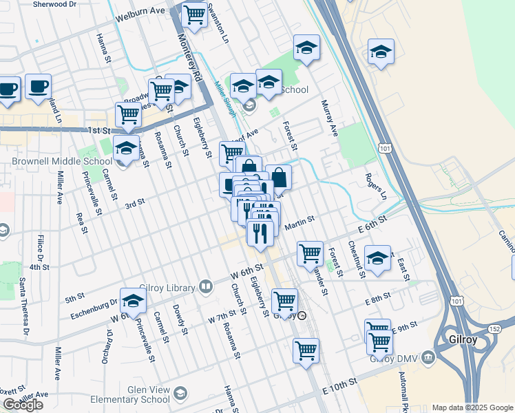 map of restaurants, bars, coffee shops, grocery stores, and more near 7598 Monterey Street in Gilroy