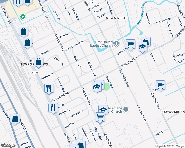 map of restaurants, bars, coffee shops, grocery stores, and more near 5907 Wickham Avenue in Newport News