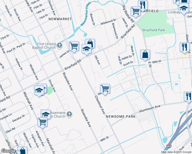 map of restaurants, bars, coffee shops, grocery stores, and more near 5908 Old Chestnut Avenue in Newport News