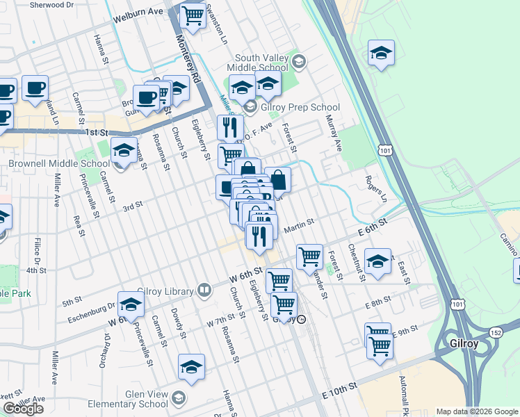 map of restaurants, bars, coffee shops, grocery stores, and more near 7585 Railroad Street in Gilroy