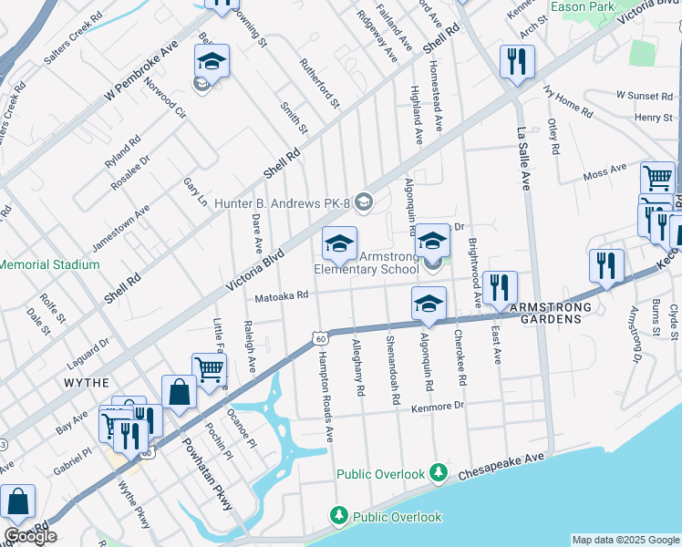 map of restaurants, bars, coffee shops, grocery stores, and more near 3120 Victoria Boulevard in Hampton