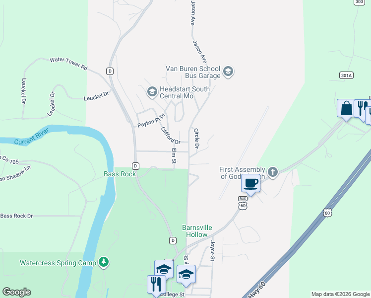 map of restaurants, bars, coffee shops, grocery stores, and more near 102 Hickory Hill Drive in Van Buren