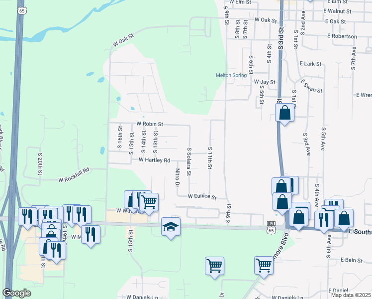 map of restaurants, bars, coffee shops, grocery stores, and more near 1217 South Solaira Street in Ozark