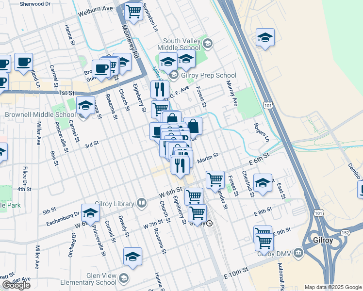 map of restaurants, bars, coffee shops, grocery stores, and more near 7598 Monterey Road in Gilroy