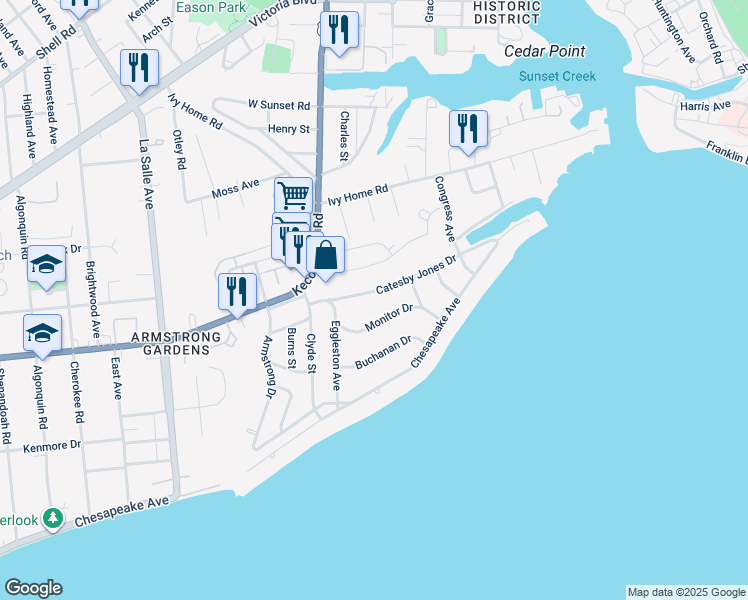 map of restaurants, bars, coffee shops, grocery stores, and more near 4014 Catesby Jones Drive in Hampton