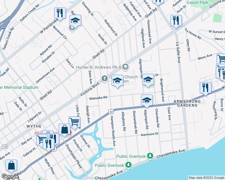 map of restaurants, bars, coffee shops, grocery stores, and more near 316 Hampton Roads Avenue in Hampton