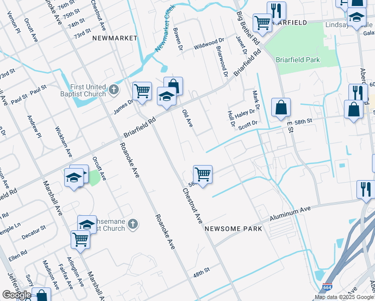 map of restaurants, bars, coffee shops, grocery stores, and more near 5908 Old Chestnut Avenue in Newport News