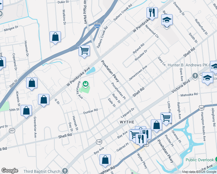 map of restaurants, bars, coffee shops, grocery stores, and more near 703 Pocahontas Place in Hampton
