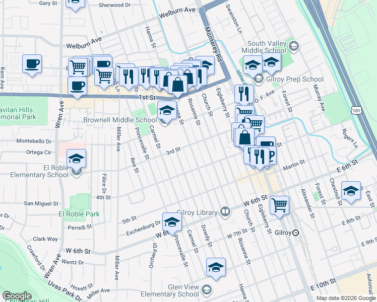 map of restaurants, bars, coffee shops, grocery stores, and more near 7681 Hanna Street in Gilroy