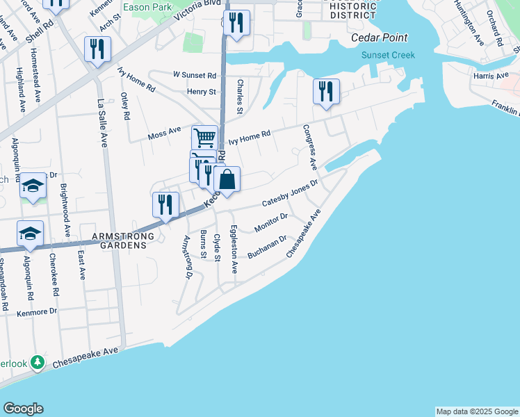 map of restaurants, bars, coffee shops, grocery stores, and more near 4014 Catesby Jones Drive in Hampton