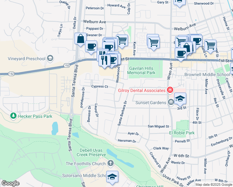 map of restaurants, bars, coffee shops, grocery stores, and more near 7760 Westwood Drive in Gilroy