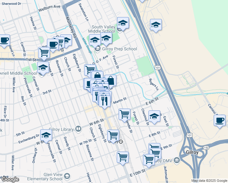 map of restaurants, bars, coffee shops, grocery stores, and more near 7541 Alexander Street in Gilroy