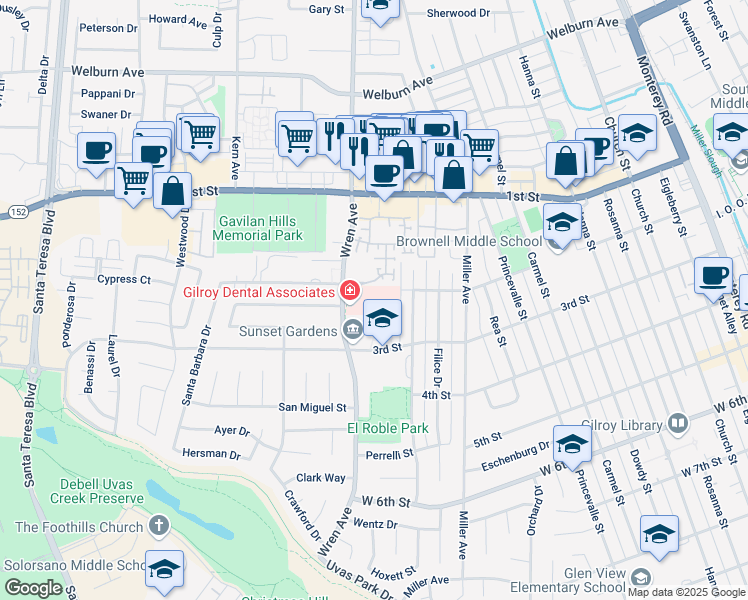 map of restaurants, bars, coffee shops, grocery stores, and more near 7880 Wren Avenue in Gilroy